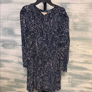 Rebecca Taylor 100% Silk Floral Dress Size 6 Navy Long Sleeve Tassel Tie 35”